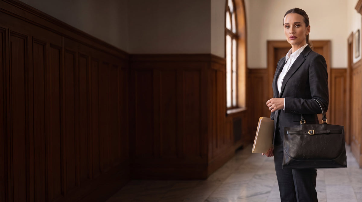 A woman attorney in a dark suit standing in a courthouse corridor, carrying the Shirley black full-grain leather work tote over her forearm with a file folder in her other hand