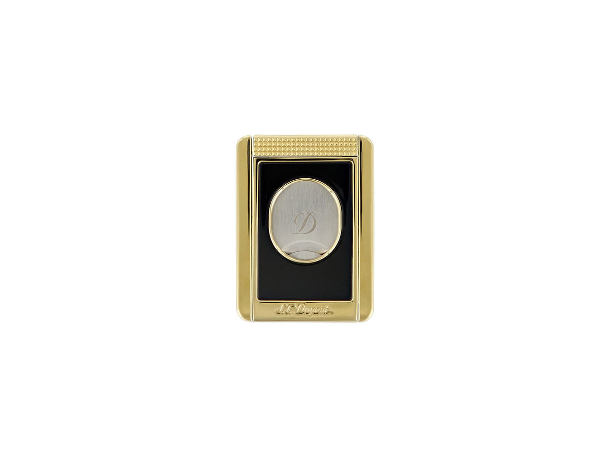 S.T. Dupont cigar cutter stand in black lacquer and gold, front view with the blade closed