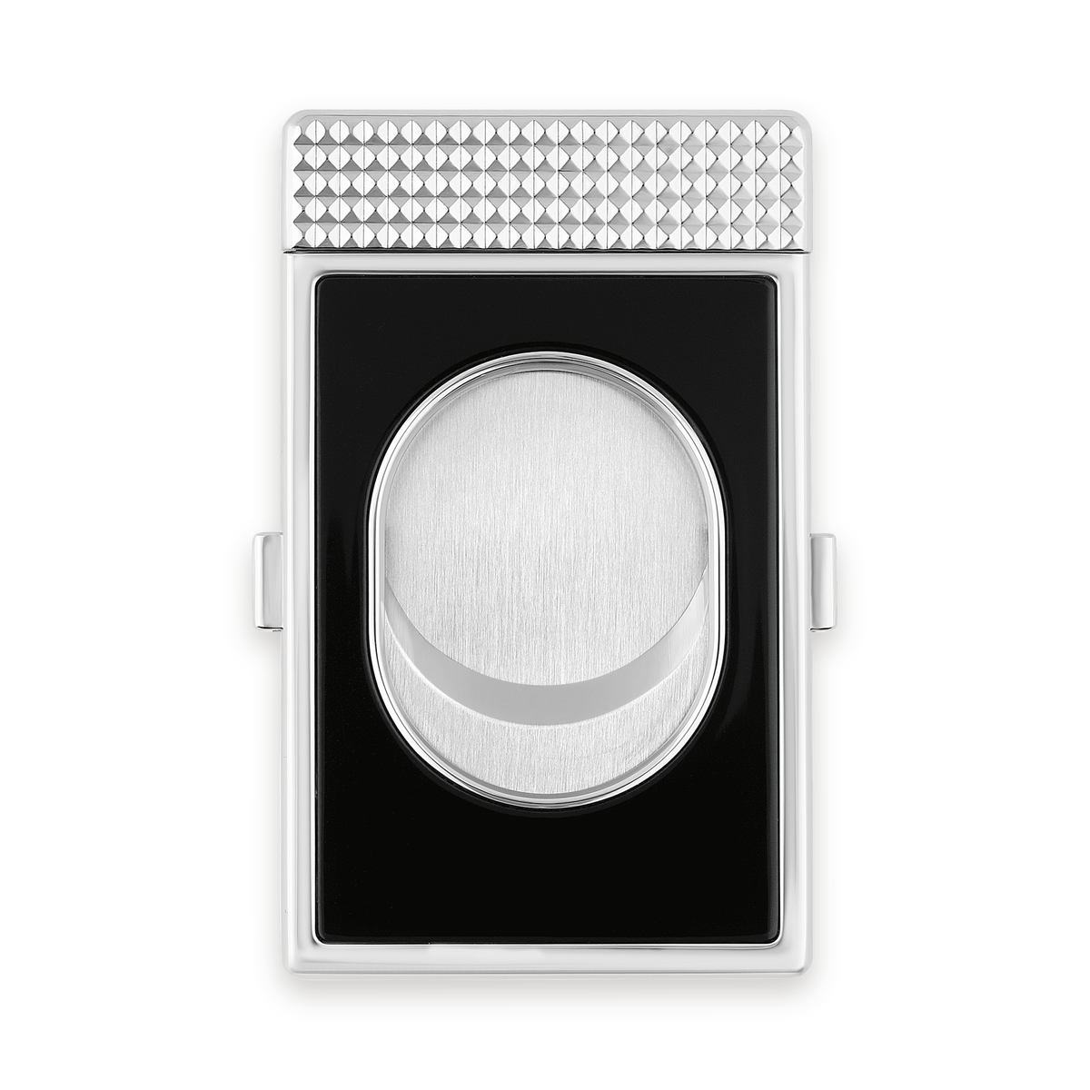 S.T. Dupont Slim cigar cutter in black lacquer and chrome, reverse view showing the blade aperture