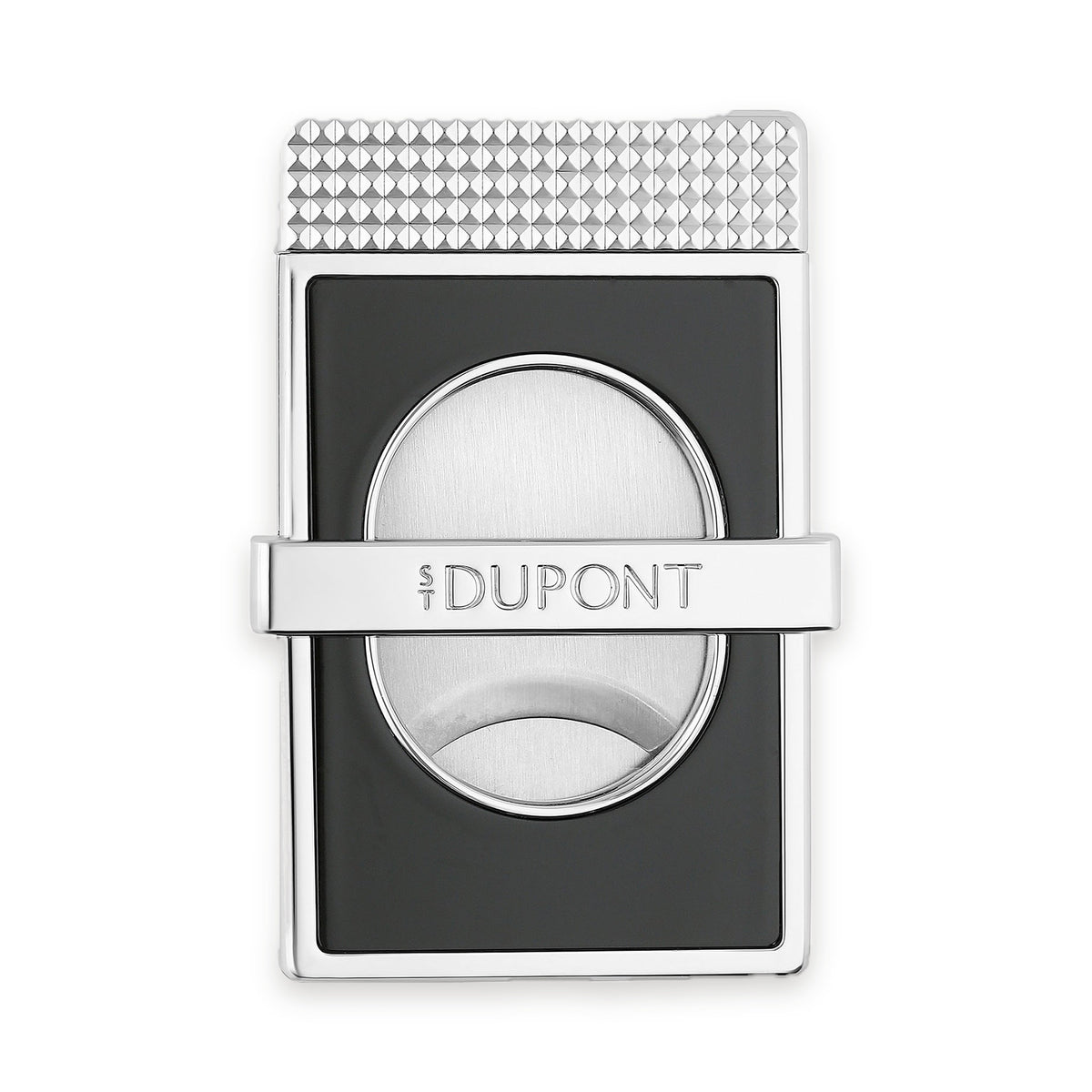 S.T. Dupont Slim cigar cutter in black lacquer and chrome with the engraved signature bar, front view