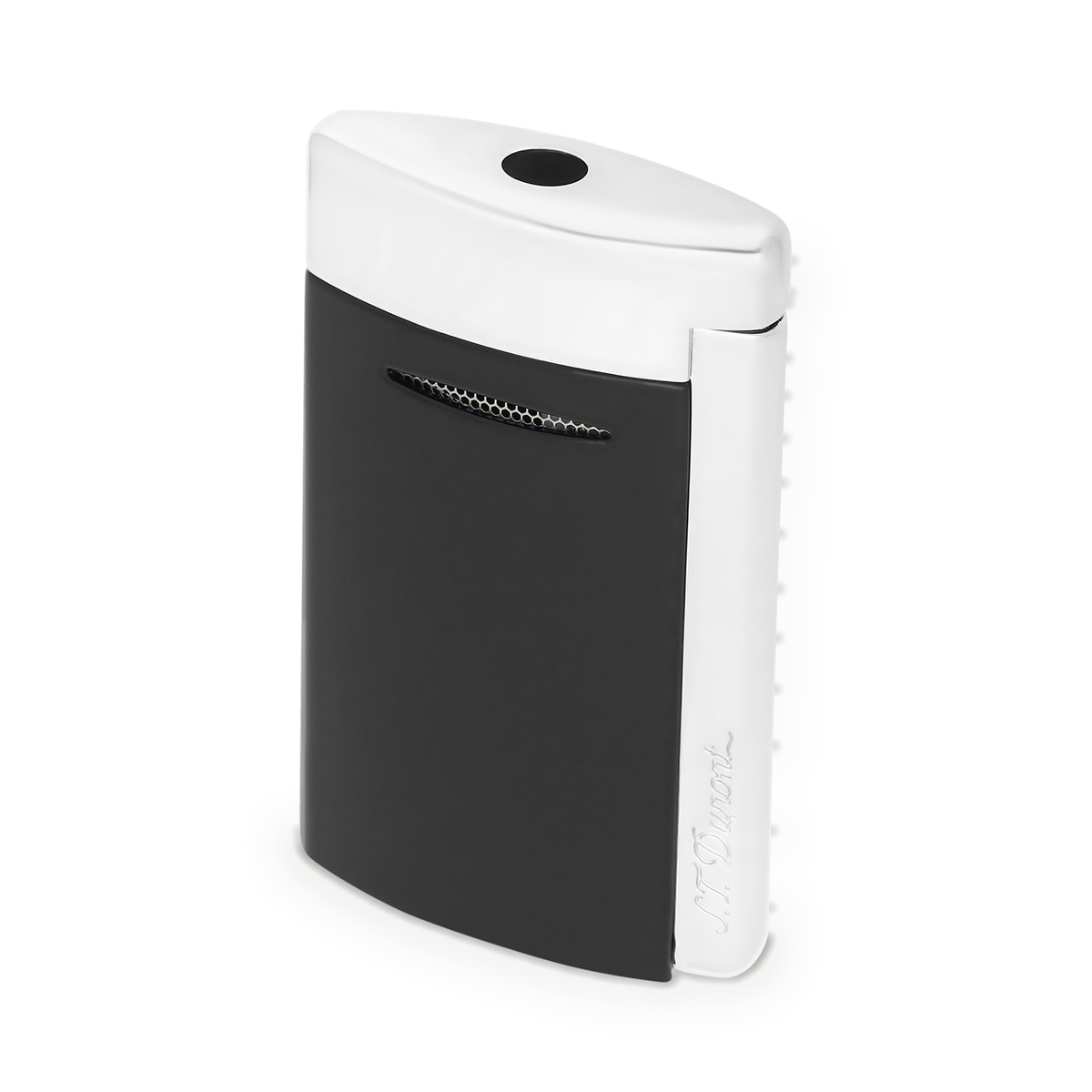 S.T. Dupont Minijet torch lighter in matte black, three-quarter view from above showing the burner
