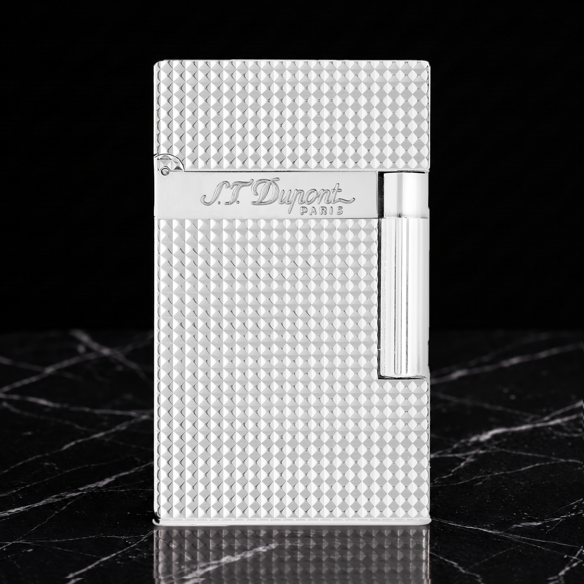 S.T. Dupont Ligne 2 Diamond Head lighter in palladium, front view, cap closed