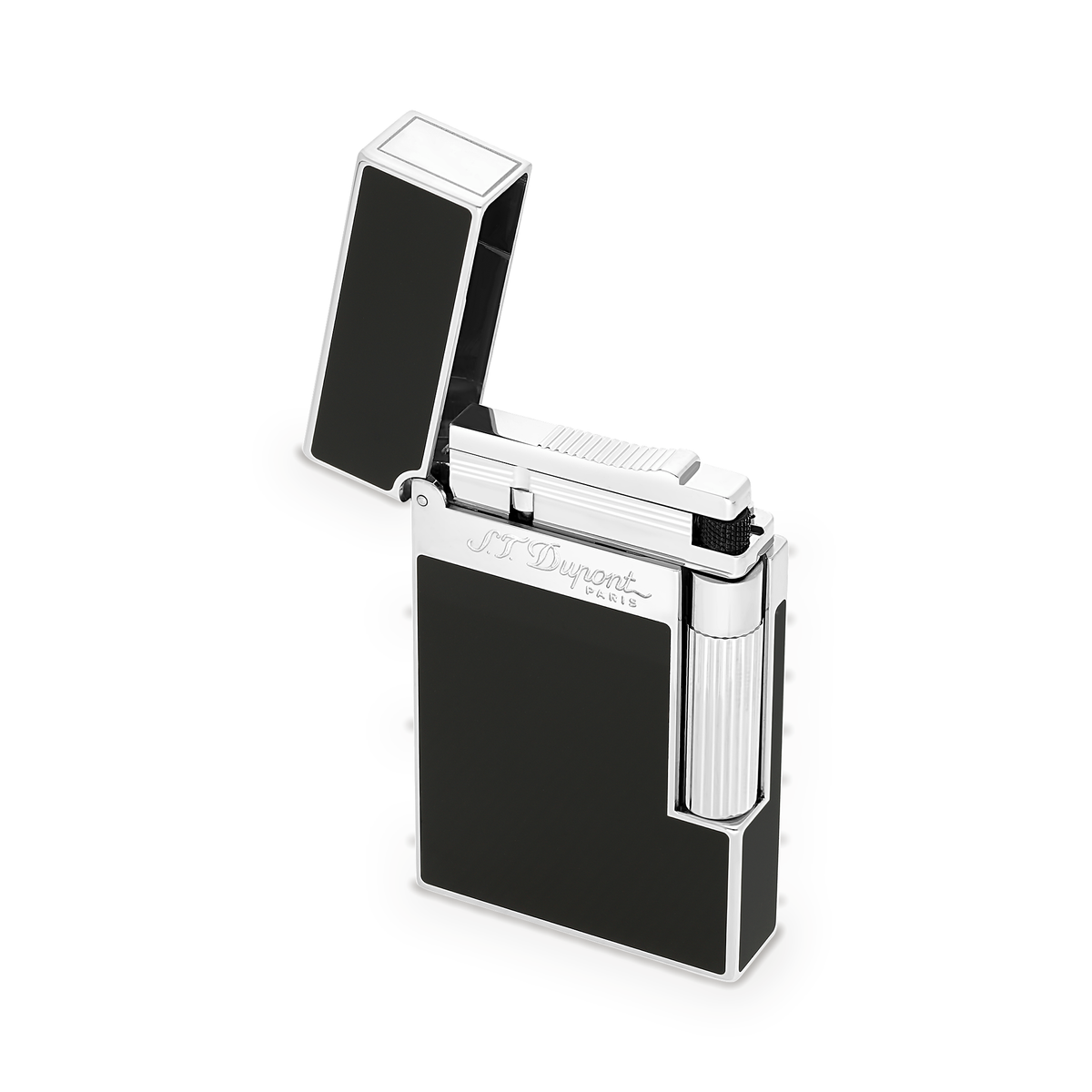 S.T. Dupont Ligne 2 lighter in black lacquer and palladium, three-quarter view with the hinged cap open above the burner