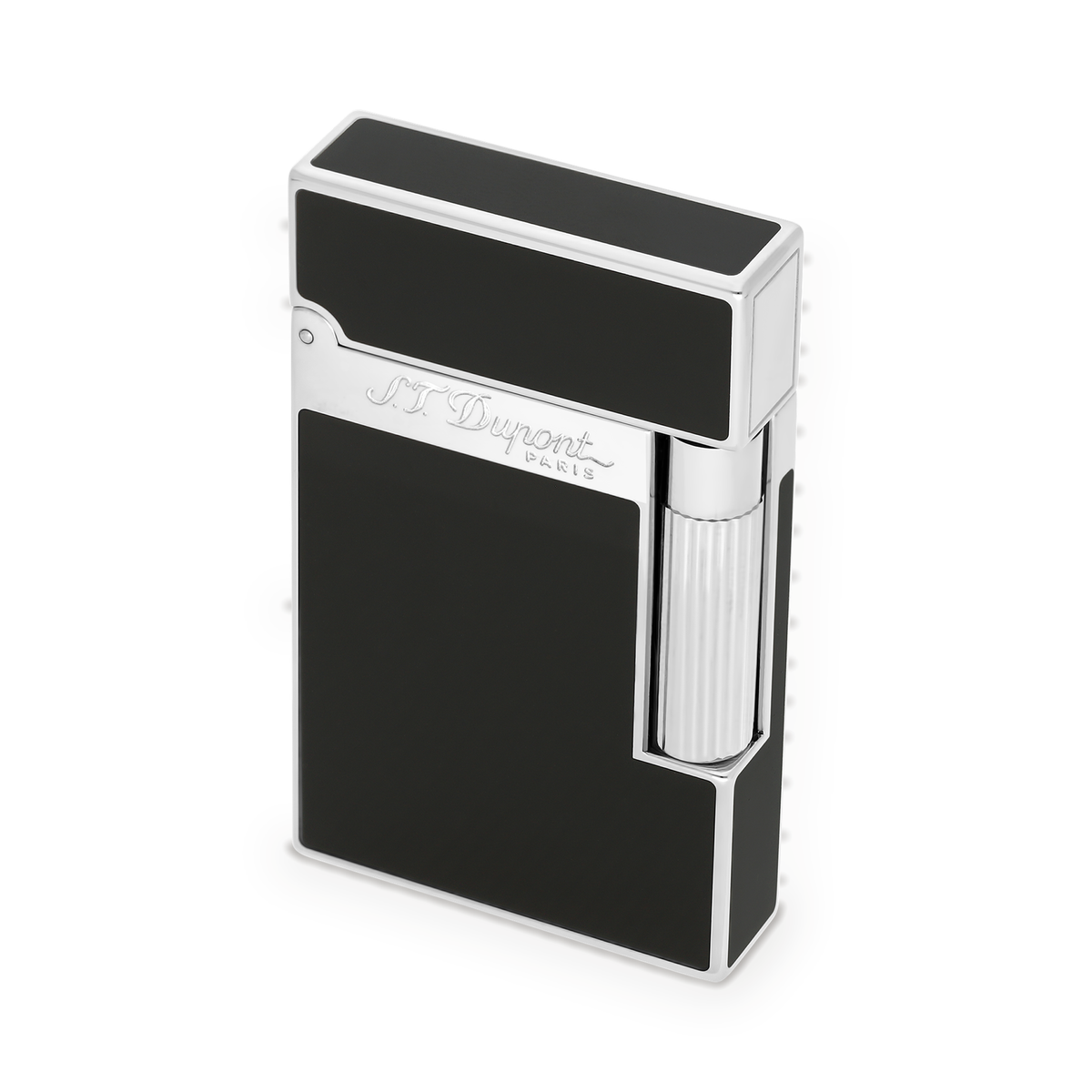 S.T. Dupont Ligne 2 lighter in black lacquer and palladium, three-quarter view, cap closed