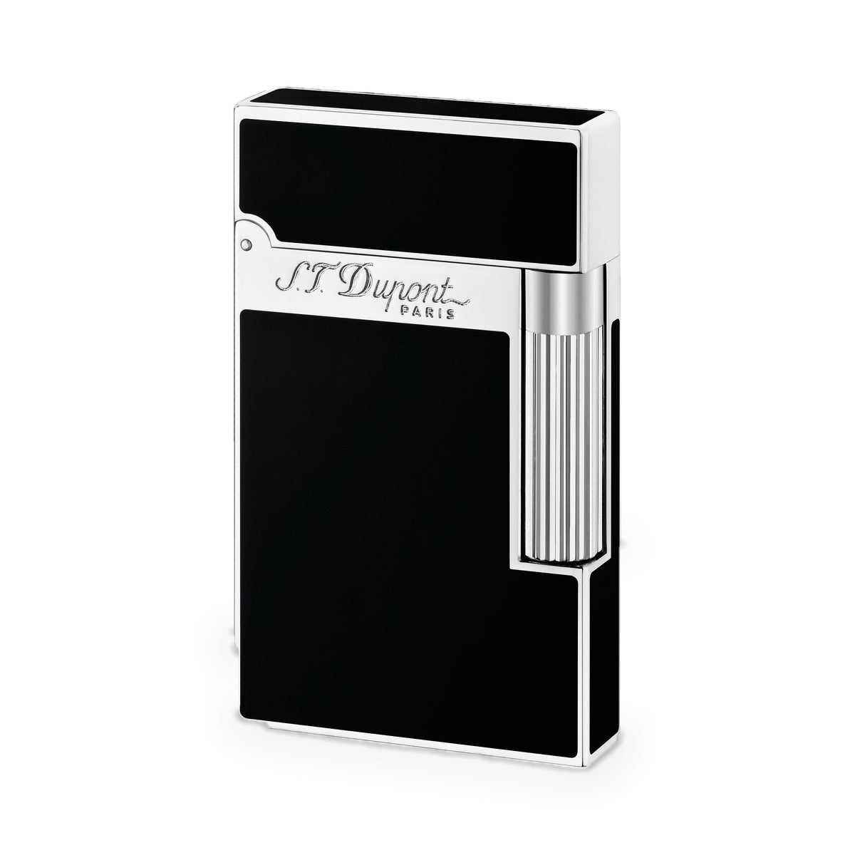 S.T. Dupont Ligne 2 lighter in black lacquer with palladium trim, front view, cap closed