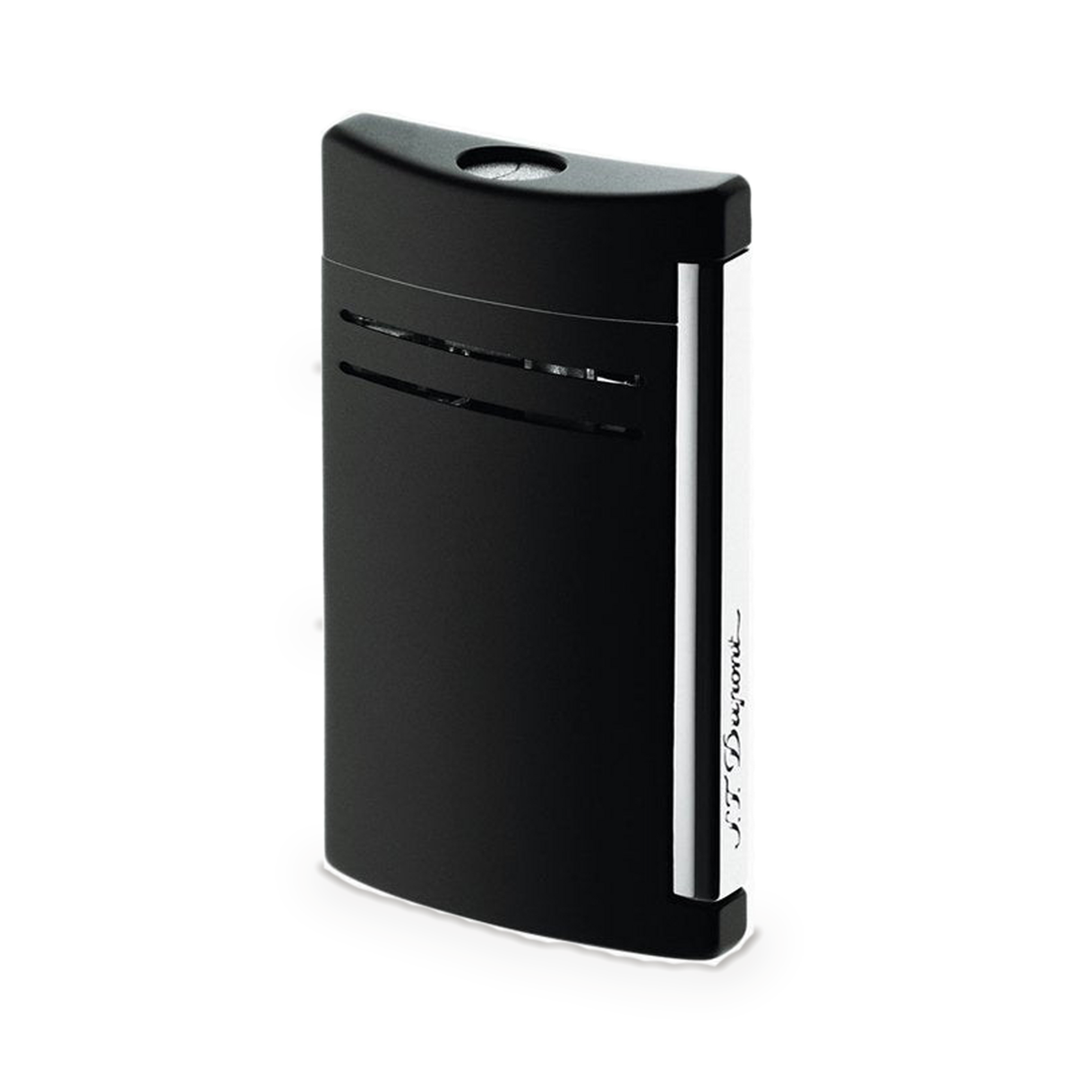 S.T. Dupont Maxijet torch lighter in matte black with chrome trim, front view against a light ground