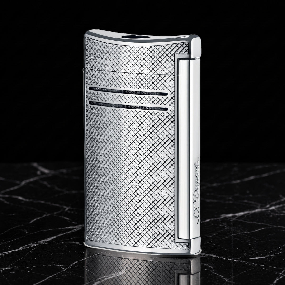 S.T. Dupont Maxijet torch lighter in chrome with a textured grid pattern, front view