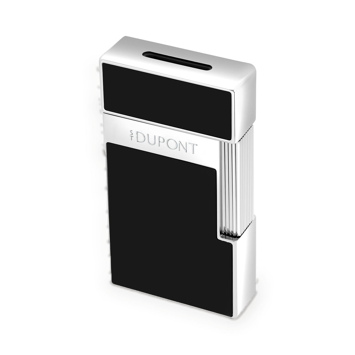 S.T. Dupont Biggy torch lighter in black lacquer and chrome, three-quarter view showing the burner slot in the cap