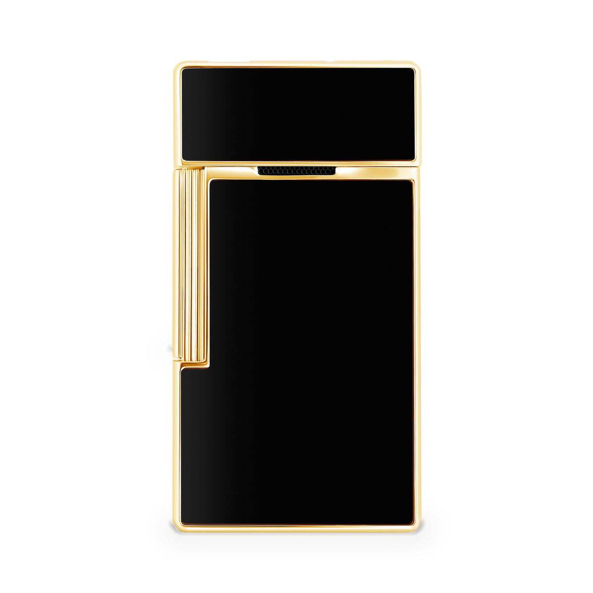 S.T. Dupont Biggy torch lighter in black lacquer with gold trim, reverse view showing the plain lacquer panel