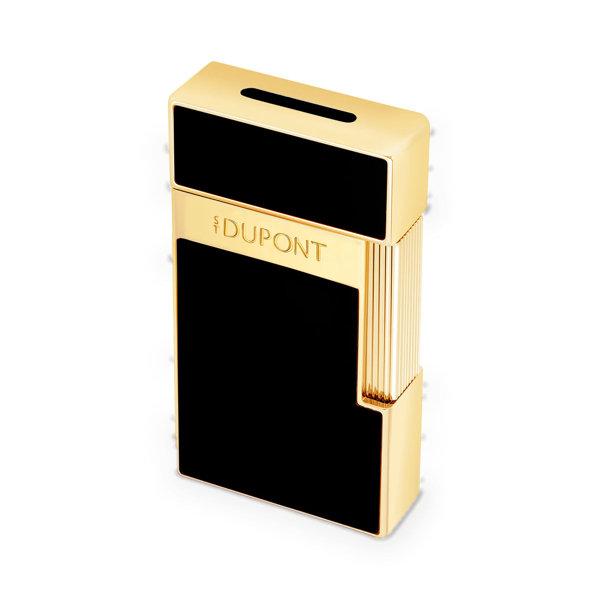 S.T. Dupont Biggy torch lighter in black lacquer with gold trim, three-quarter view, cap closed