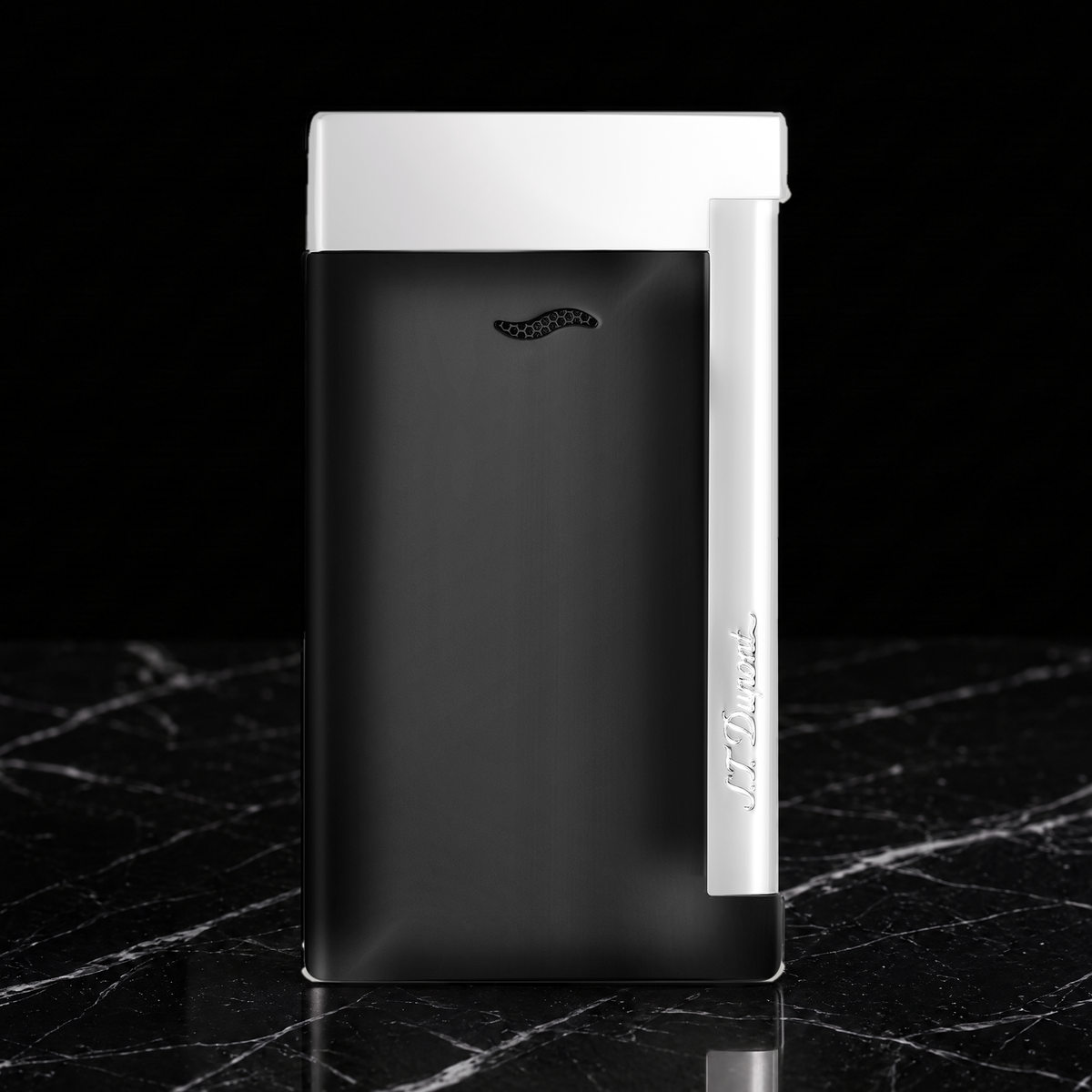 S.T. Dupont Slim 7 torch lighter in black lacquer with chrome trim, front view showing the burner vent