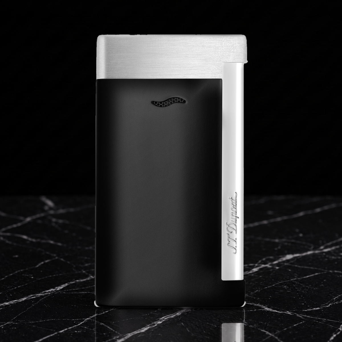 S.T. Dupont Slim 7 torch lighter in matte black with brushed chrome trim, front view showing the burner vent