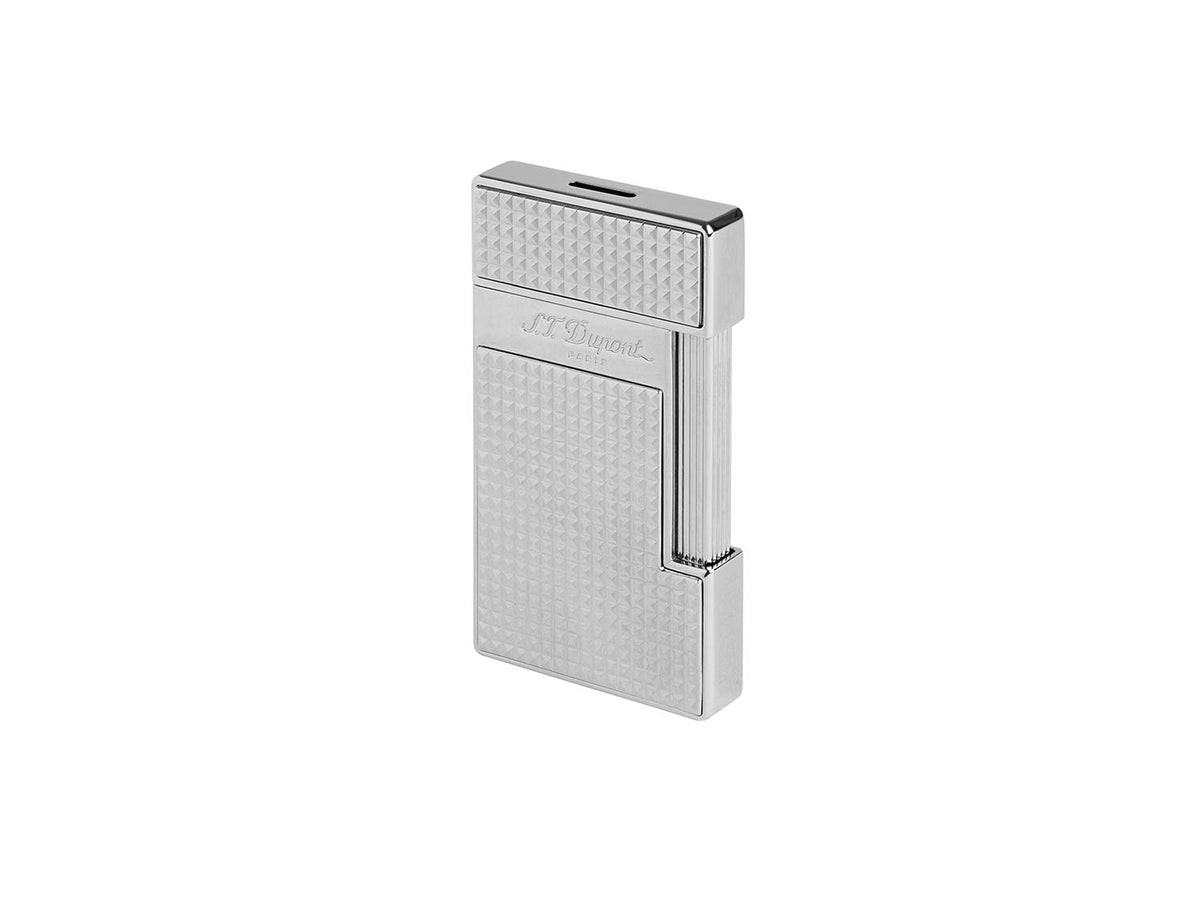 S.T. Dupont Slimmy torch lighter in chrome with Diamond Head guilloché, three-quarter view, cap closed
