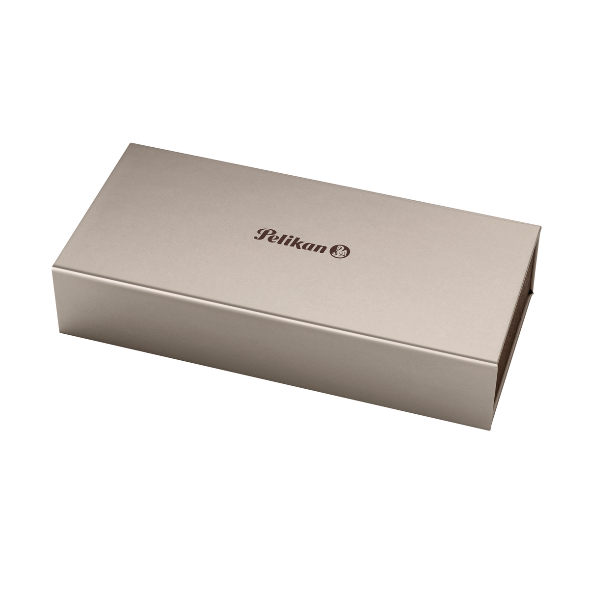 The Pelikan presentation box closed, in brushed silver-grey with the Pelikan name and pelican logo