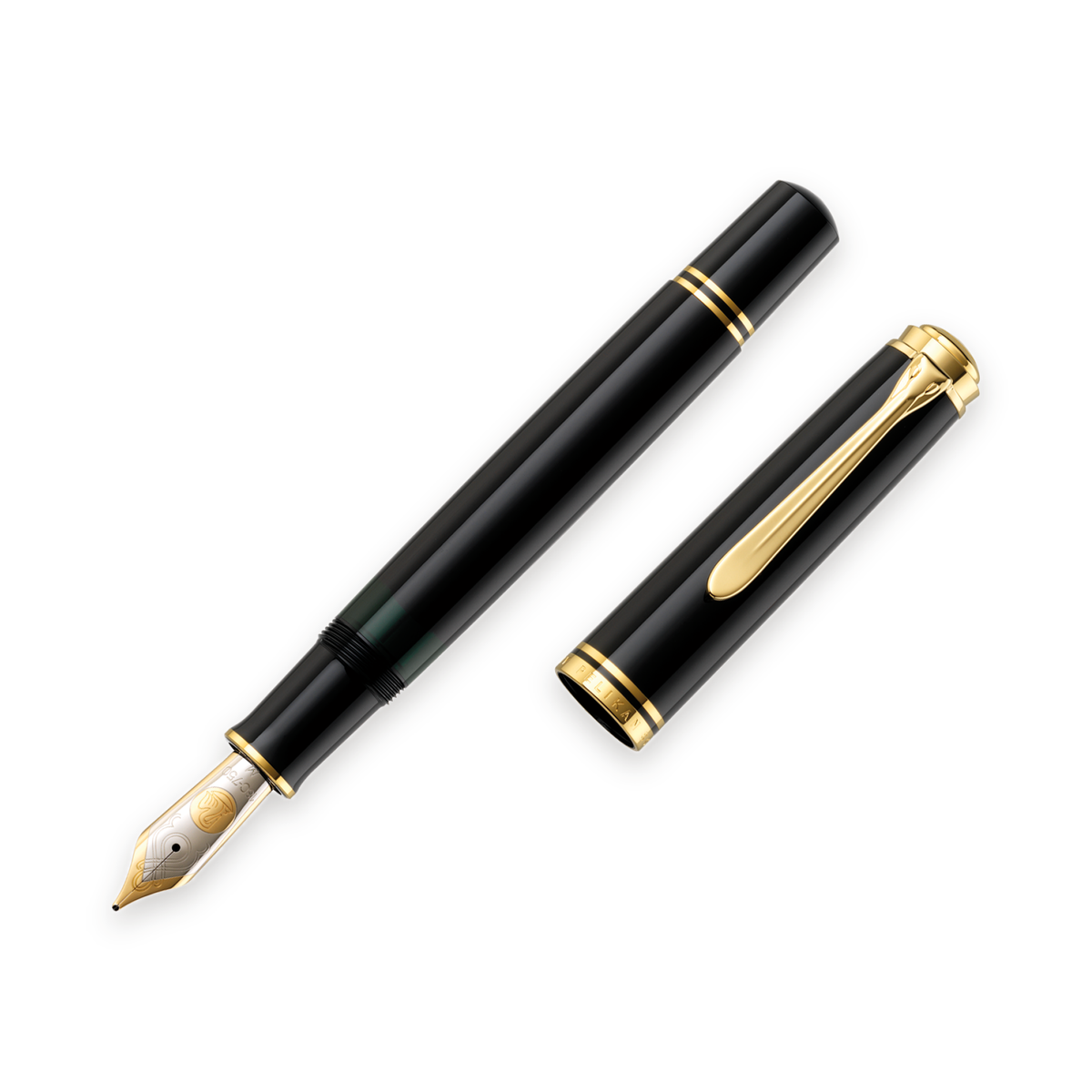 Pelikan Souverän fountain pen in black with gold trim, uncapped