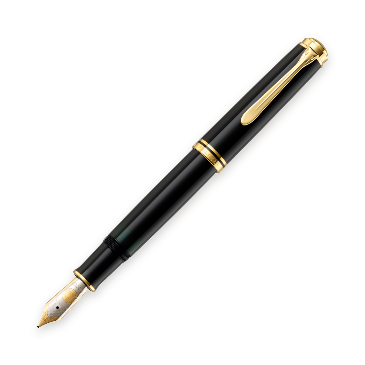 Pelikan Souverän fountain pen in black with gold trim, shown upright and uncapped