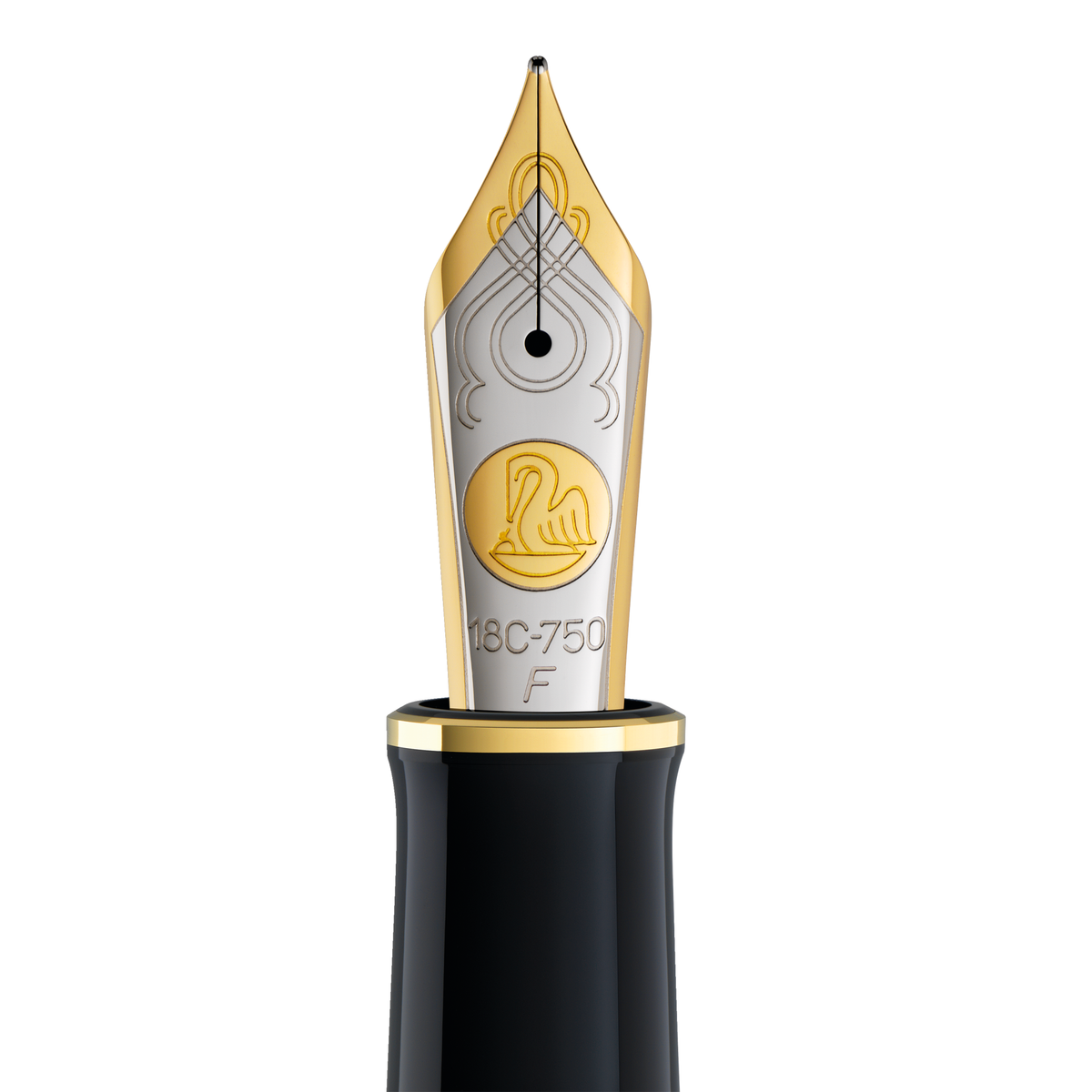 Close-up of the Pelikan Souverän M800 two-tone nib, engraved with the pelican logo and marked 18C-750 F for the Fine width