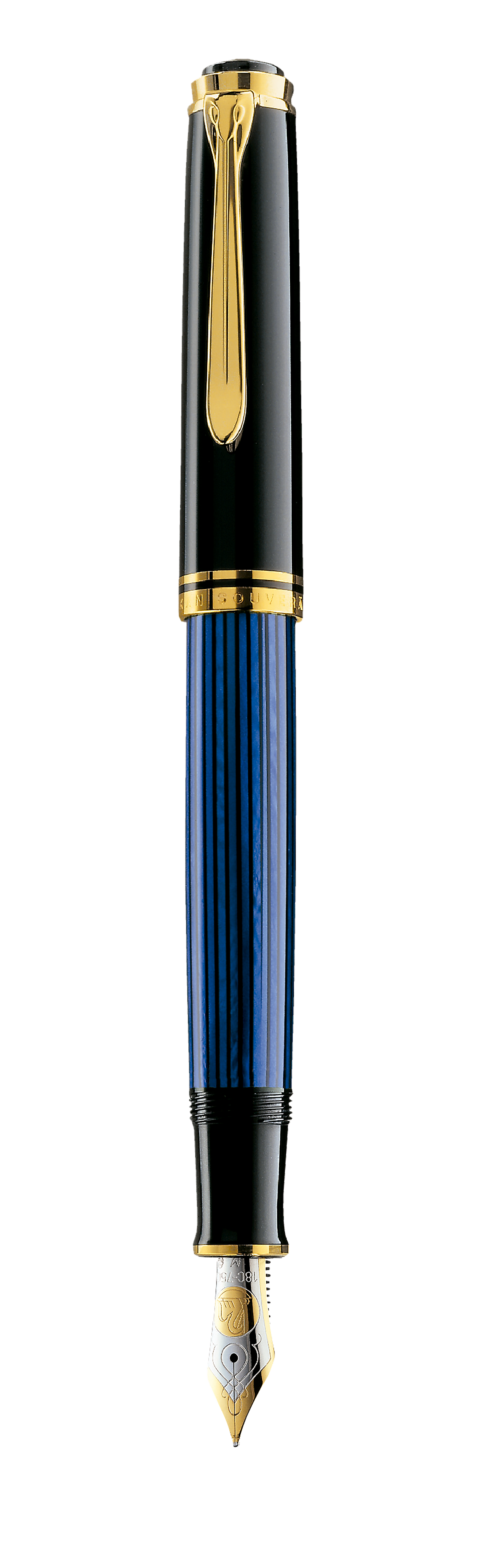 Pelikan Souverän M800 fountain pen with a black cap and blue striped barrel, shown upright and uncapped