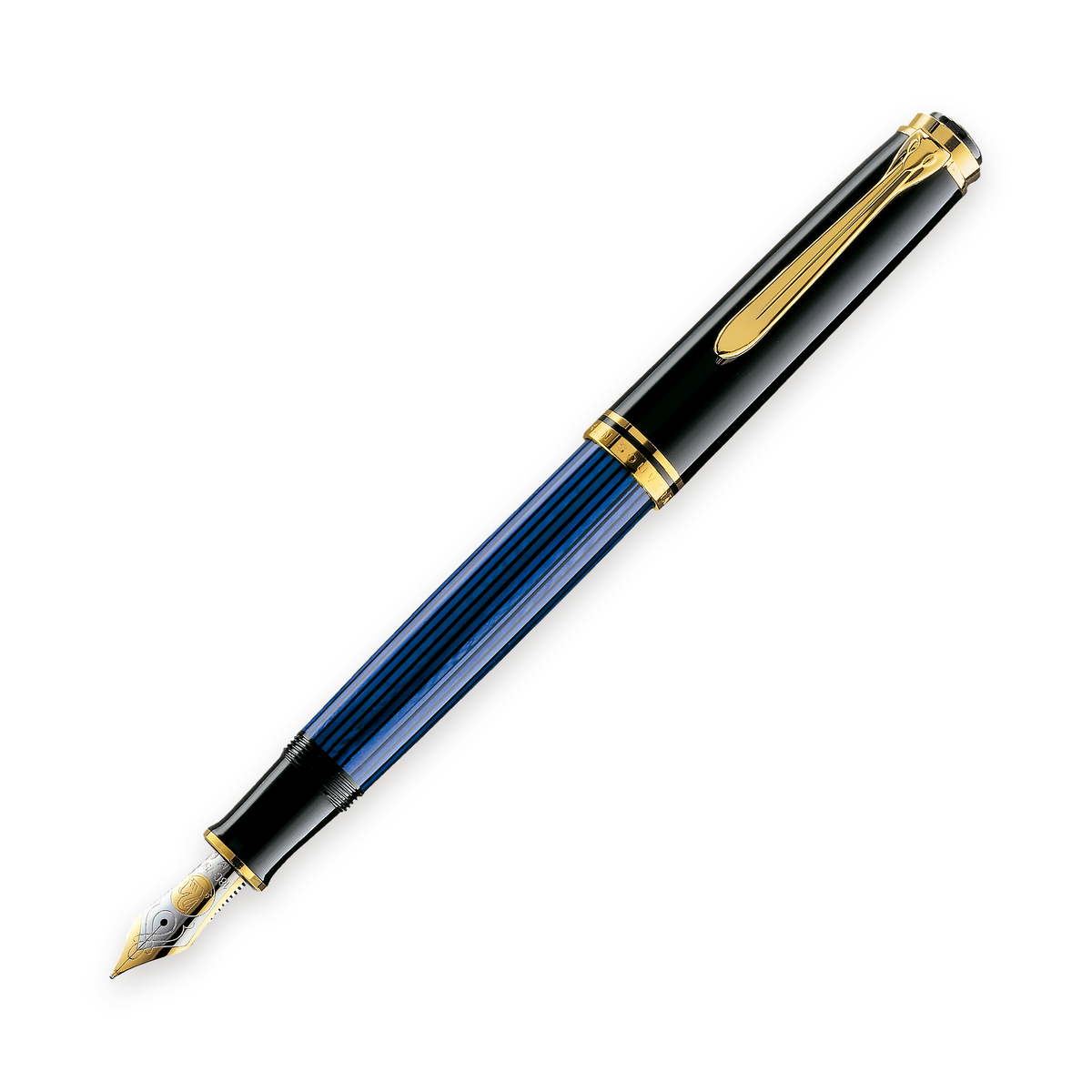 Pelikan Souverän M800 fountain pen with a black cap and blue striped barrel, shown upright and uncapped
