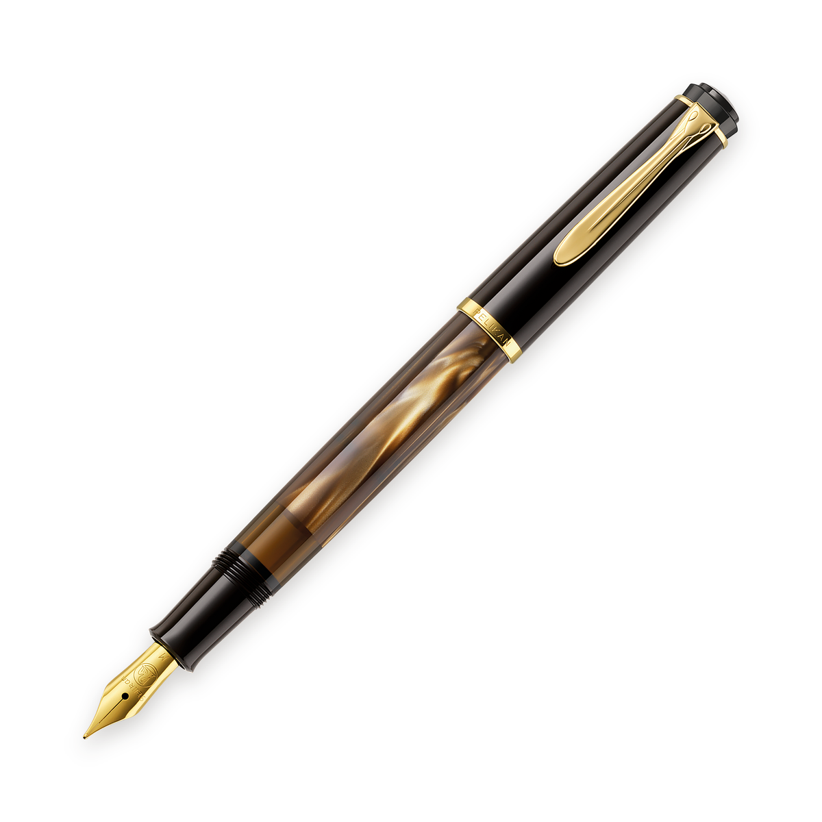 Pelikan M200 fountain pen in brown marbled resin with gold trim, shown full length