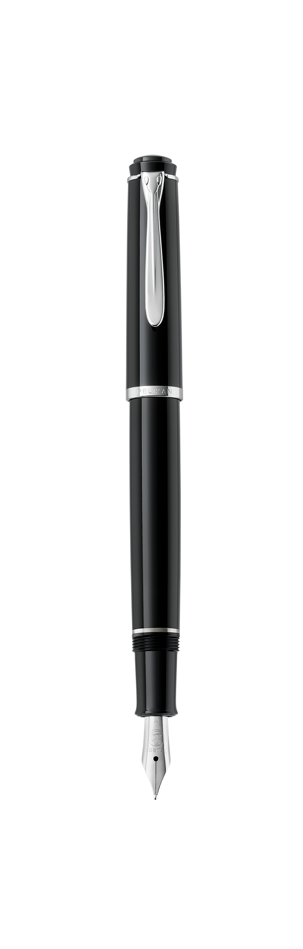 Pelikan P205 fountain pen in black resin with chrome trim, shown full length with the cap posted and the nib exposed
