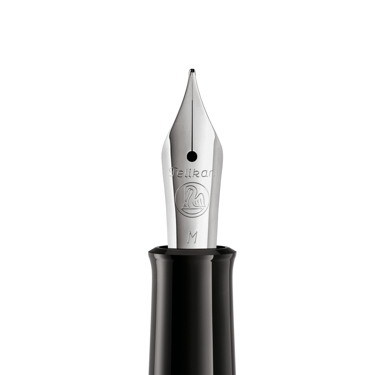Close-up of the Pelikan P205 nib, engraved with the Pelikan pelican logo and marked M for the Medium width