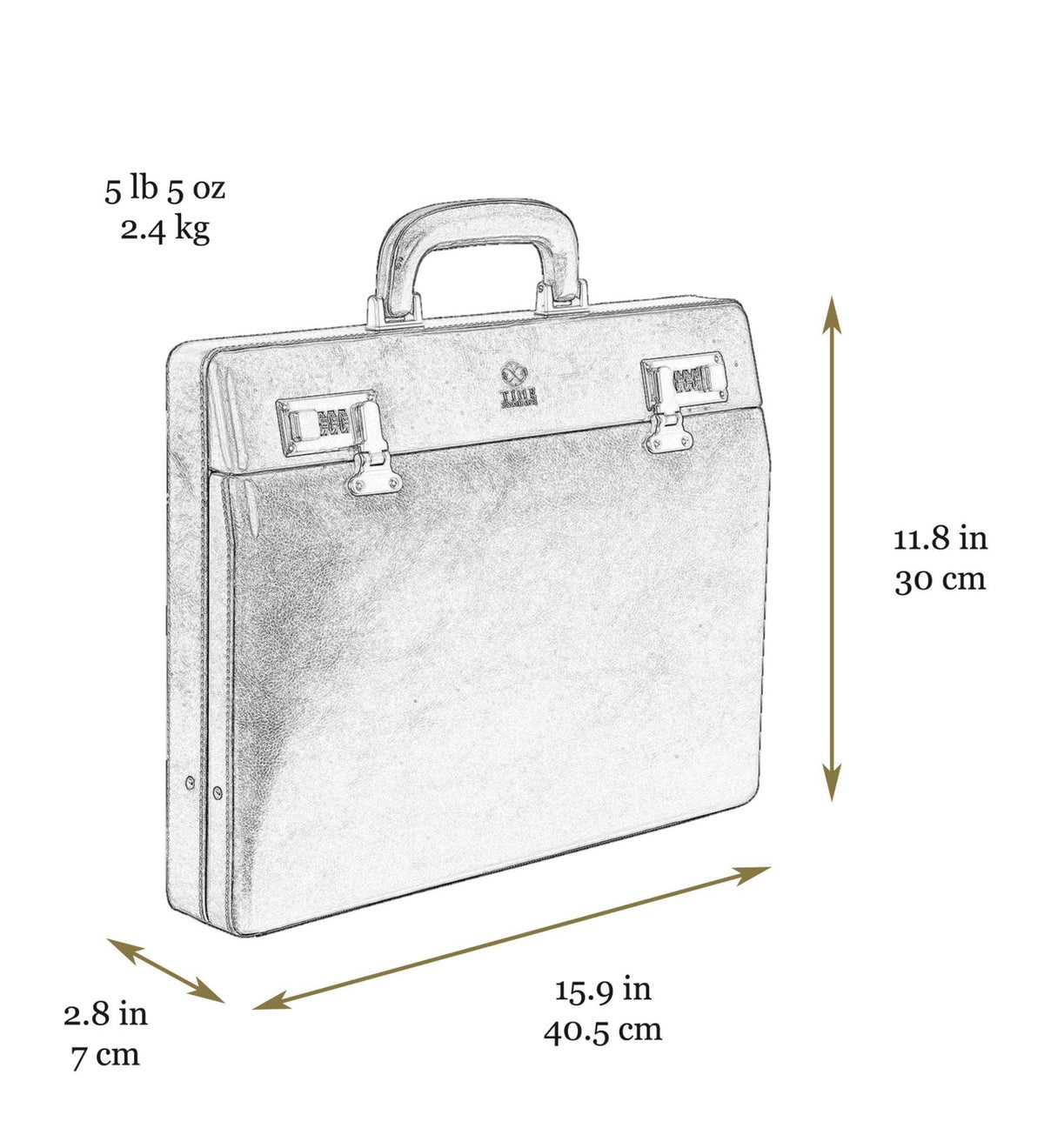 Dimensions diagram — Vendetta leather attaché case: 15.9 in / 40.5 cm wide, 11.8 in / 30 cm high, 2.8 in / 7 cm deep