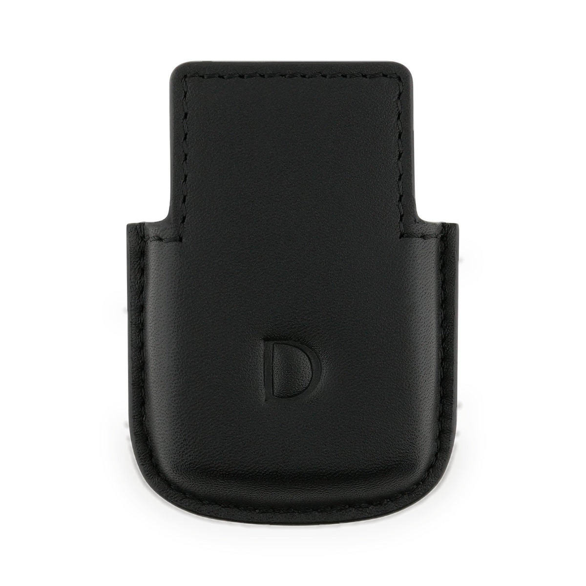 S.T. Dupont Ligne 2 lighter case in smooth black calf leather with the embossed D, front view