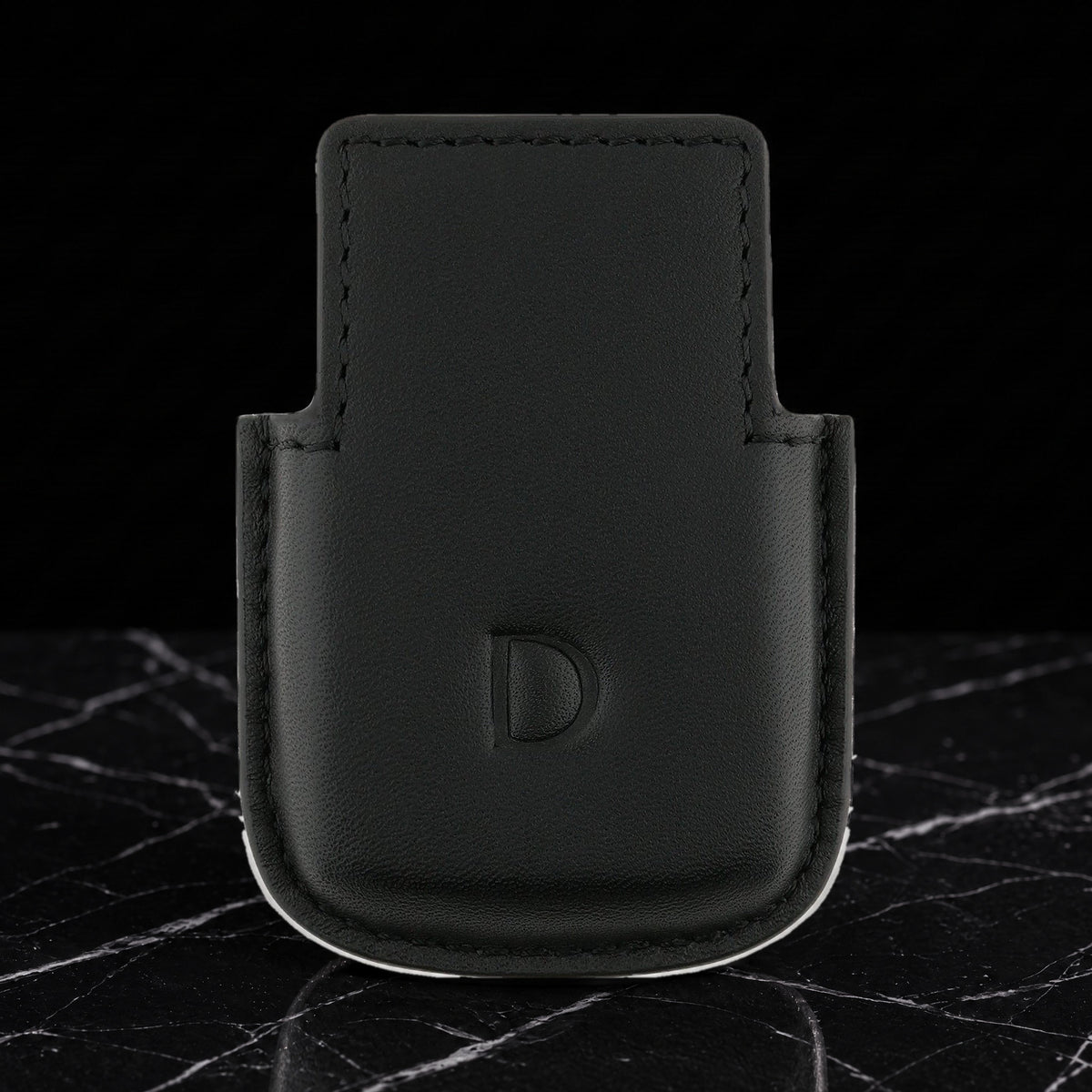 S.T. Dupont Ligne 2 lighter case in smooth black calf leather with the embossed D, front view