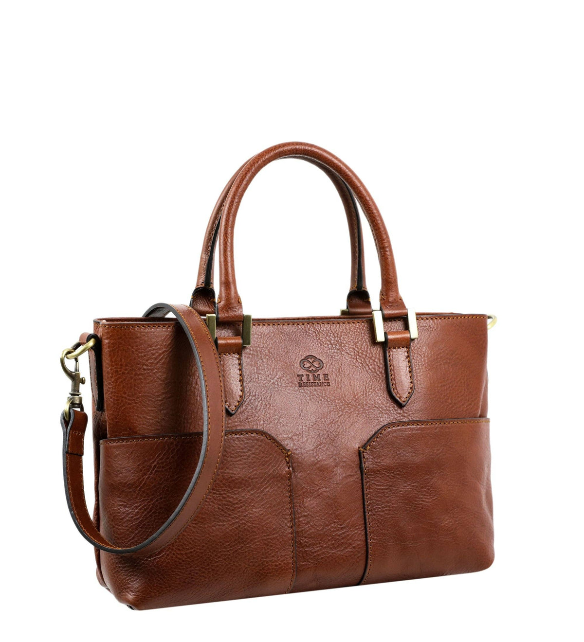 Camilla — three-quarter view with the shoulder strap attached and embossed maker's mark