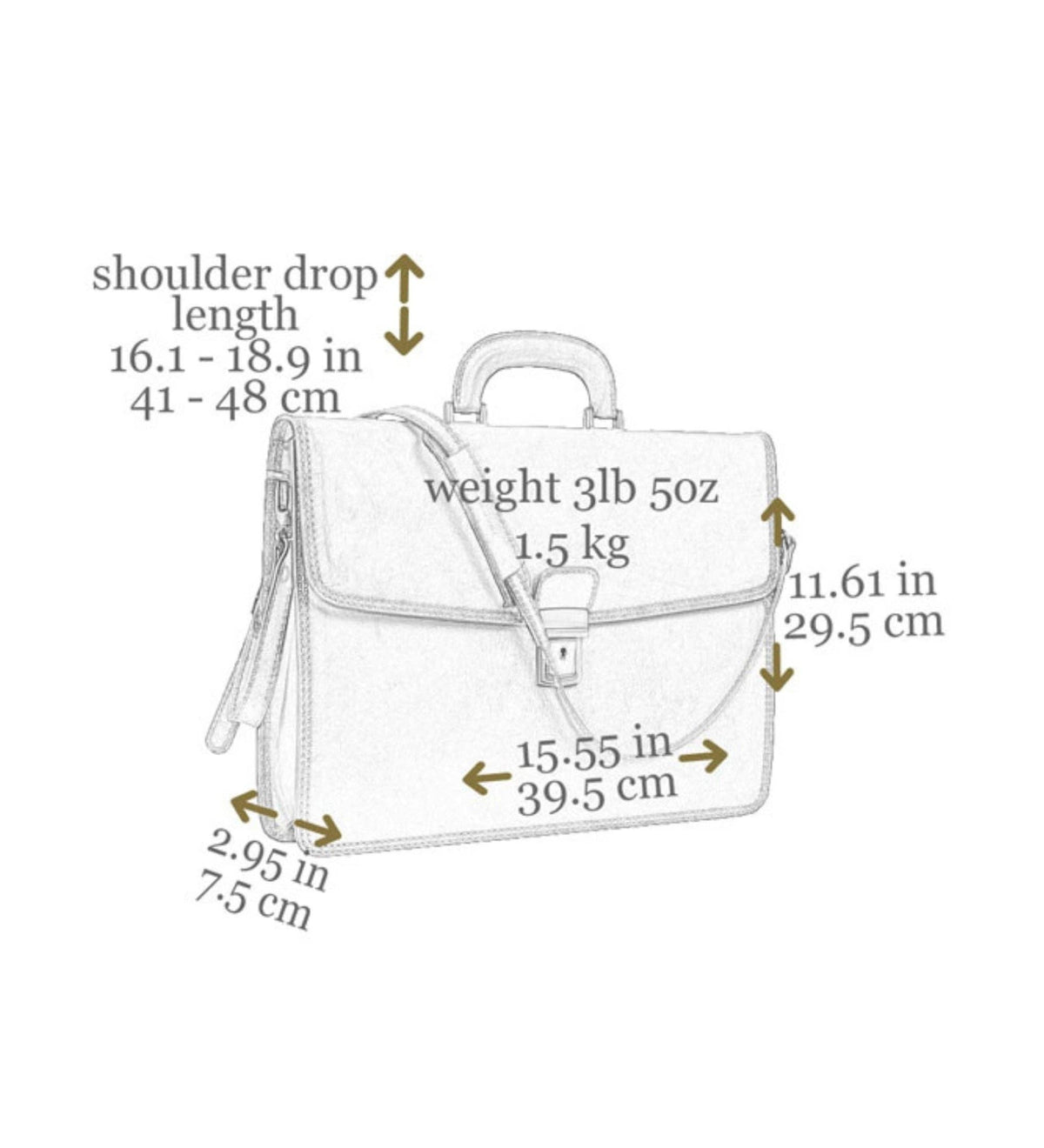 Dimensions diagram — The Sound of the Mountain leather briefcase: 15.55 in / 39.5 cm wide, 11.61 in / 29.5 cm high