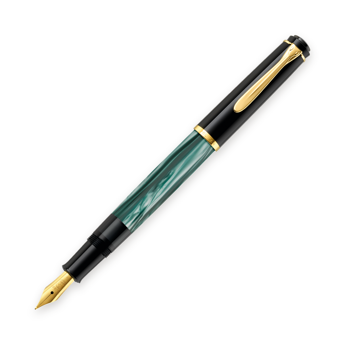 Pelikan M200 fountain pen in green marbled resin with gold trim, shown full length