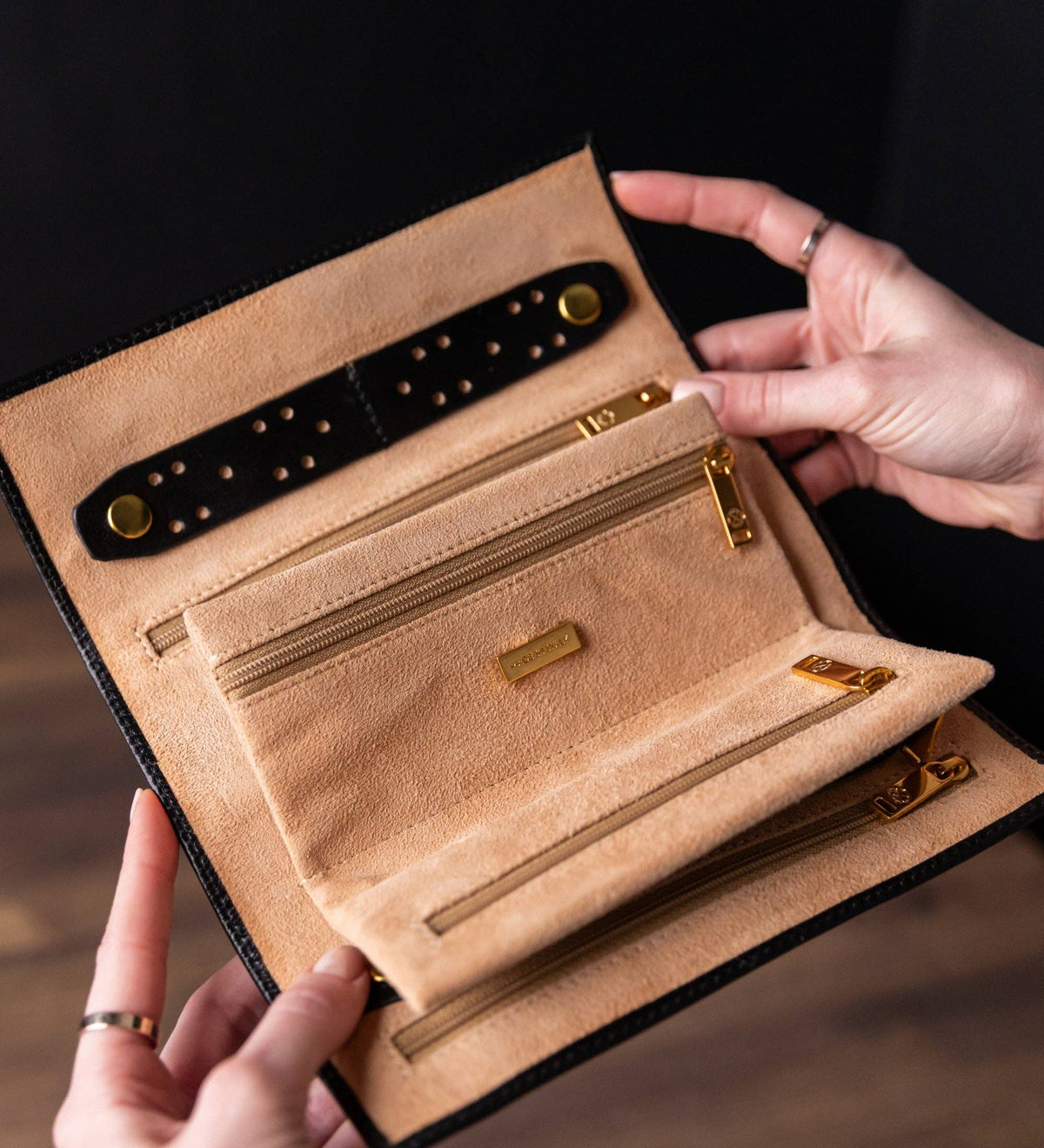 Madame Bovary black leather jewelry roll by Time Resistance in full-grain vegetable-tanned Italian Vachetta, view 5 of 8