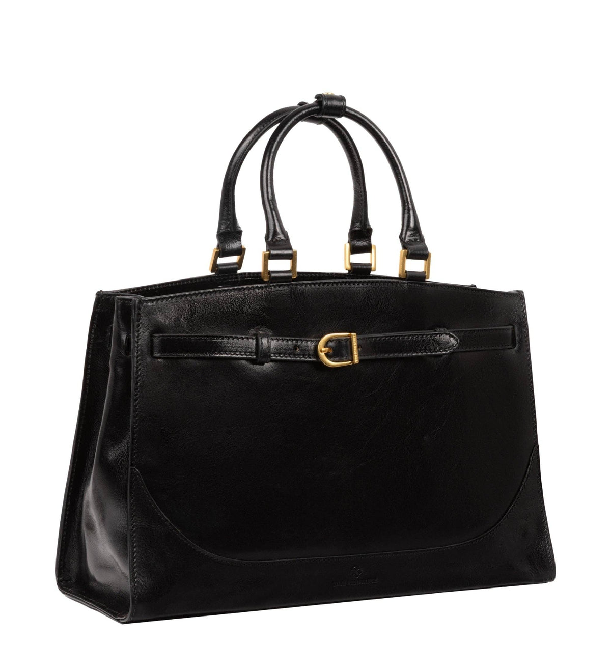 Shirley leather work tote — front view with twin handles and decorative front buckle