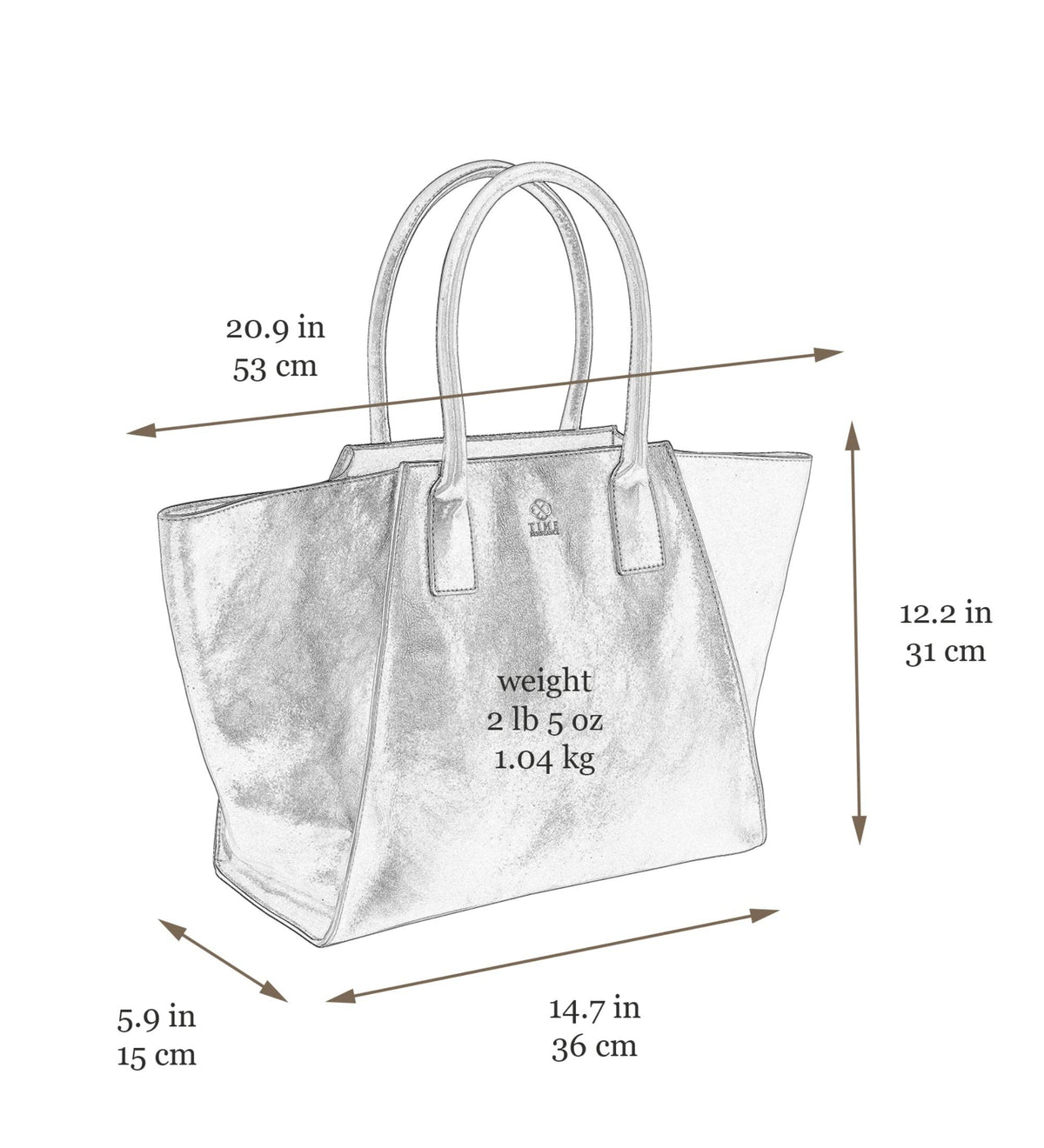 Dimensions diagram — The Woman in White women's leather tote: 20.9 in / 53 cm across the top