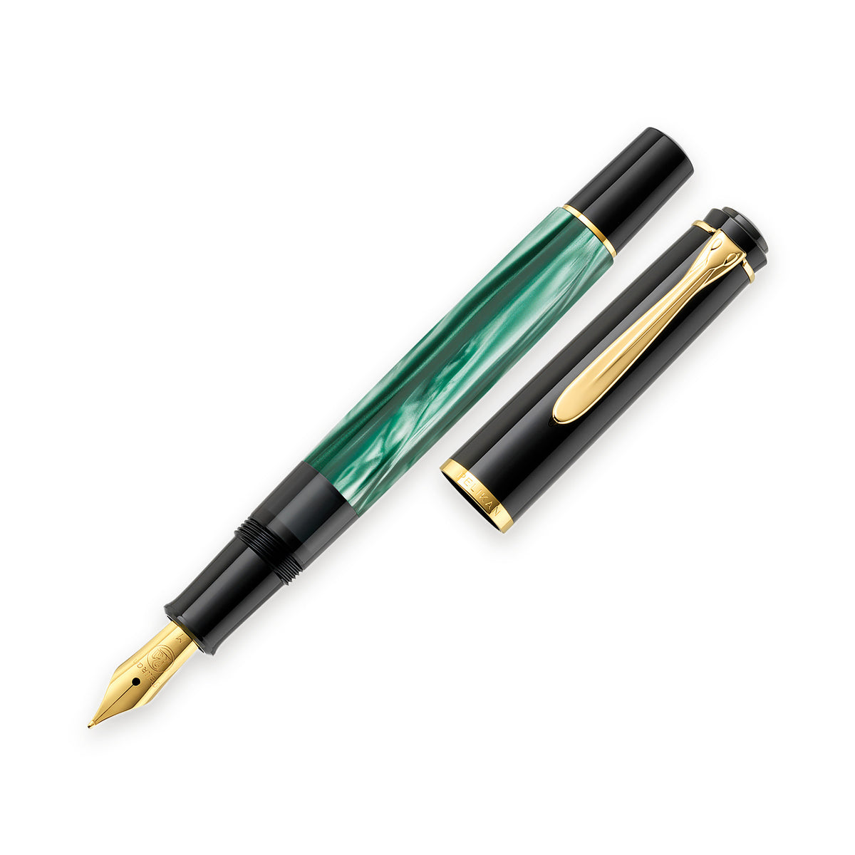 Pelikan M200 fountain pen in green marbled resin, shown uncapped at an angle with the cap resting to one side