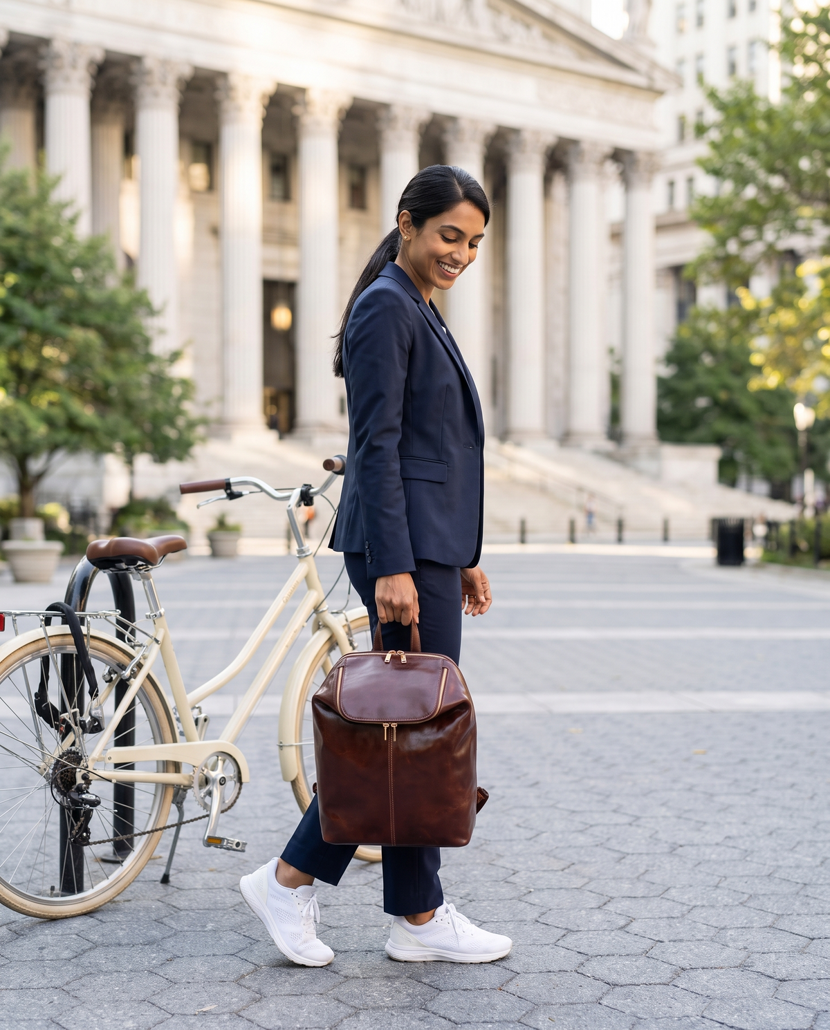 A Bend in the River — Women's Leather Backpack, carried by its top handle outside the courthouse