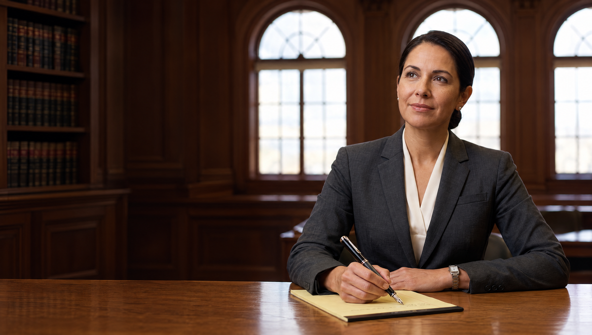 A woman attorney in a charcoal suit writes with a Pelikan fountain pen at a walnut desk beneath the arched windows of a panelled chambers