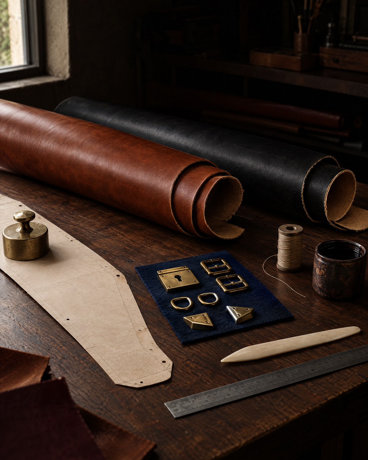 Rolls of black and warm brown full-grain vegetable-tanned leather, a pattern template and solid brass lock and corner hardware laid out on a leatherworker's bench
