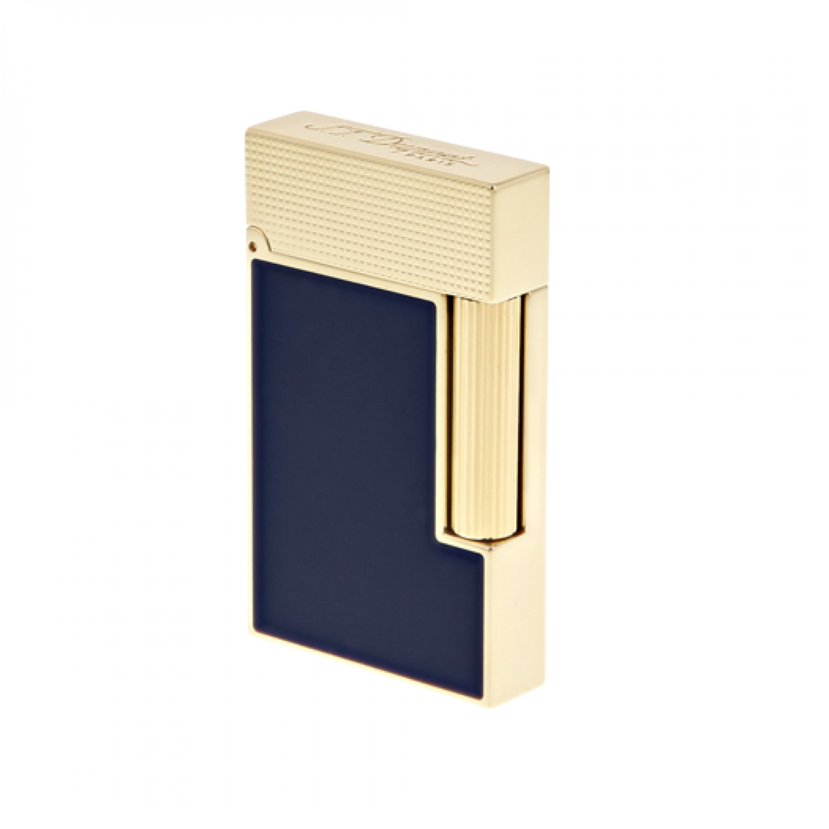 S.T. Dupont Ligne 2 Perfect Ping lighter in blue lacquer with gold trim, three-quarter view, cap closed