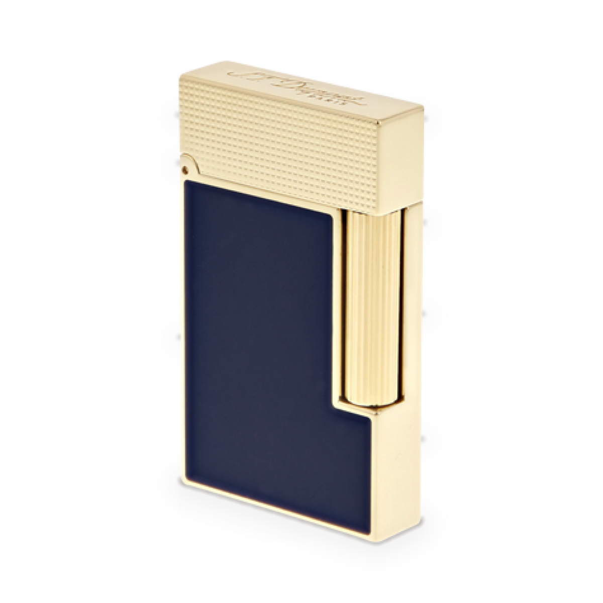 S.T. Dupont Ligne 2 Perfect Ping lighter in blue lacquer with gold trim, three-quarter view, cap closed