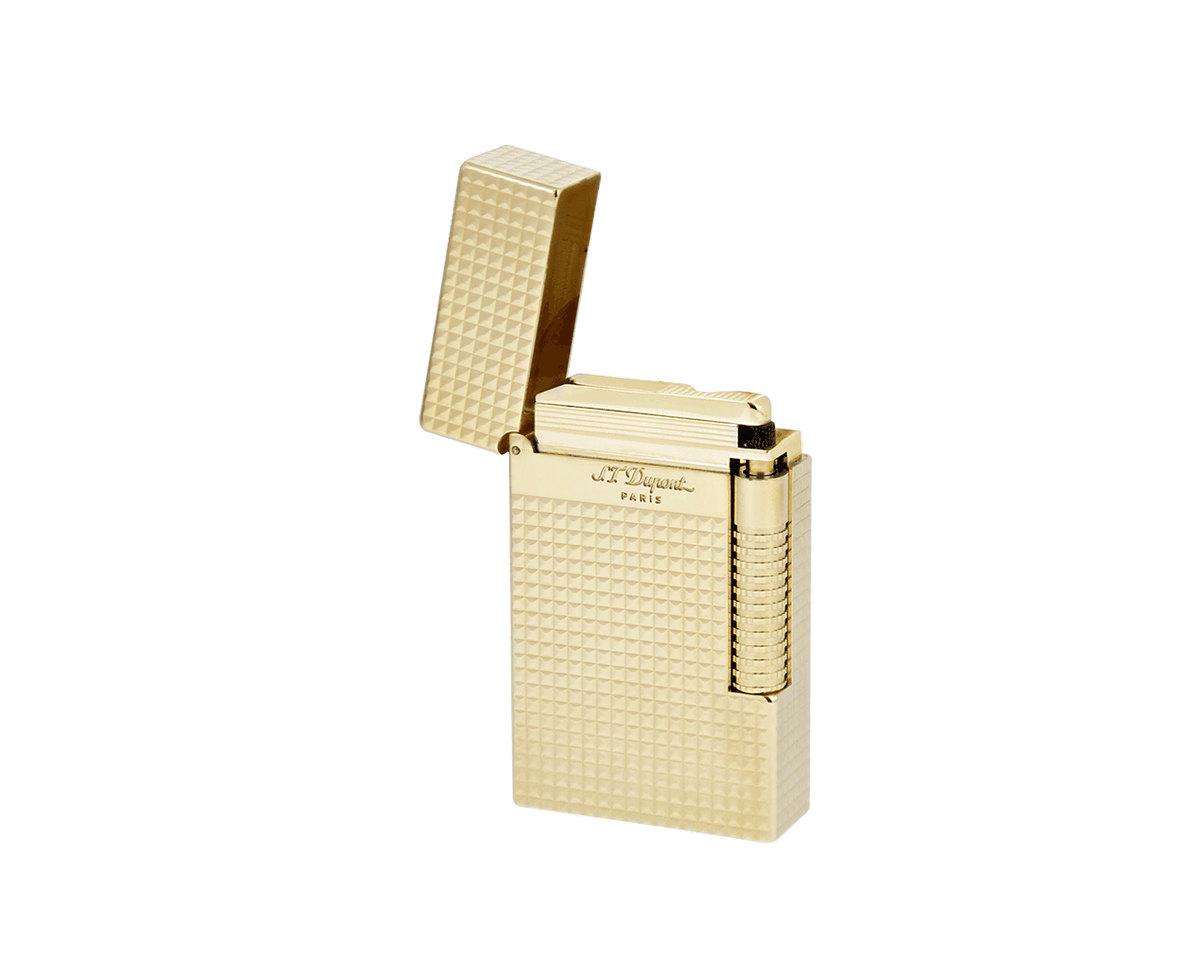 S.T. Dupont Le Grand lighter in yellow gold, hinged cap open to show the burner and fluted ignition roller