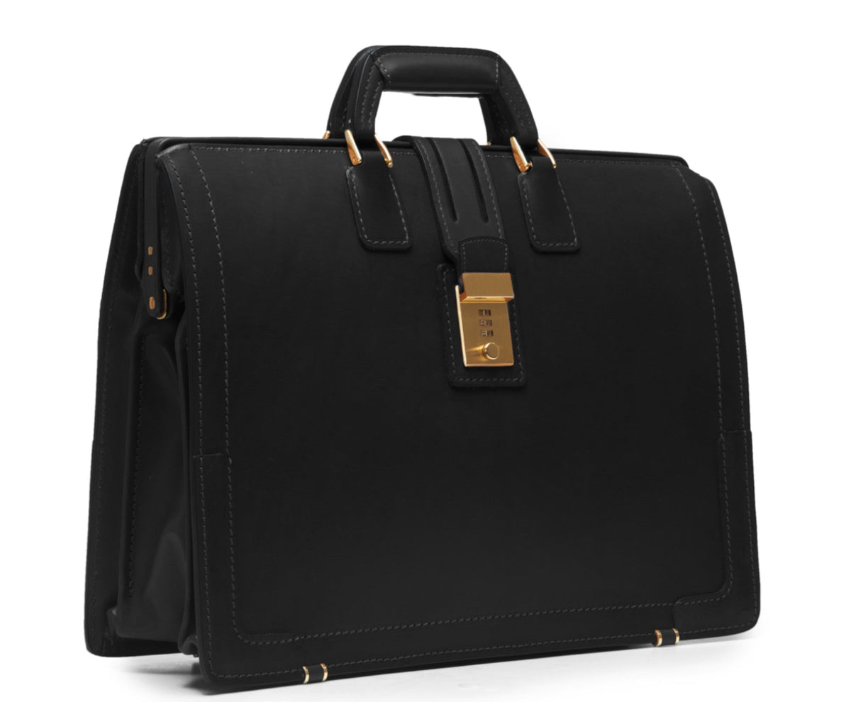 Churchill Classic Briefcase in black full-grain leather — open view