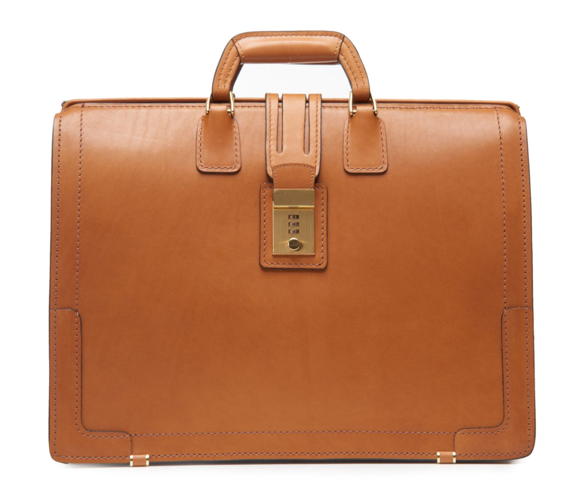 Churchill Classic Briefcase in tan full-grain leather — front view