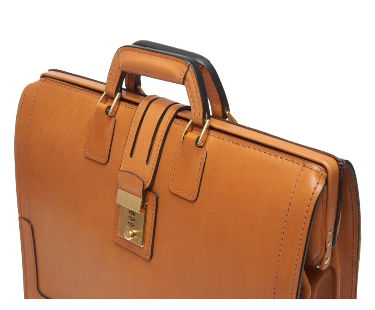 Churchill Classic Briefcase in tan full-grain leather — detail view