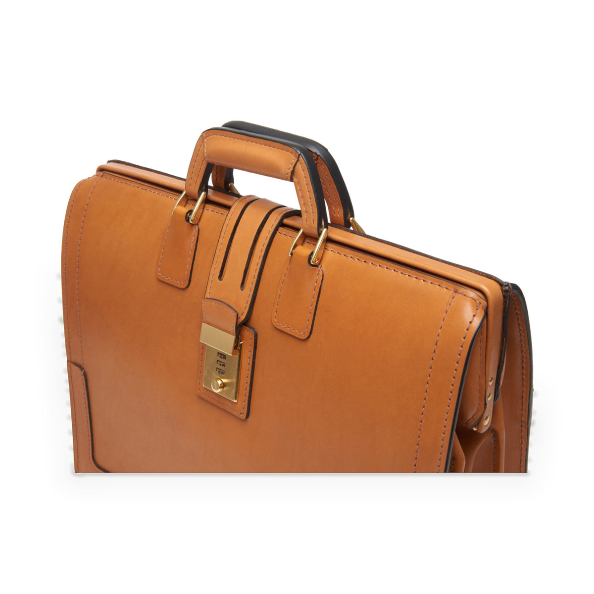 Churchill Classic Briefcase in tan full-grain leather — detail view