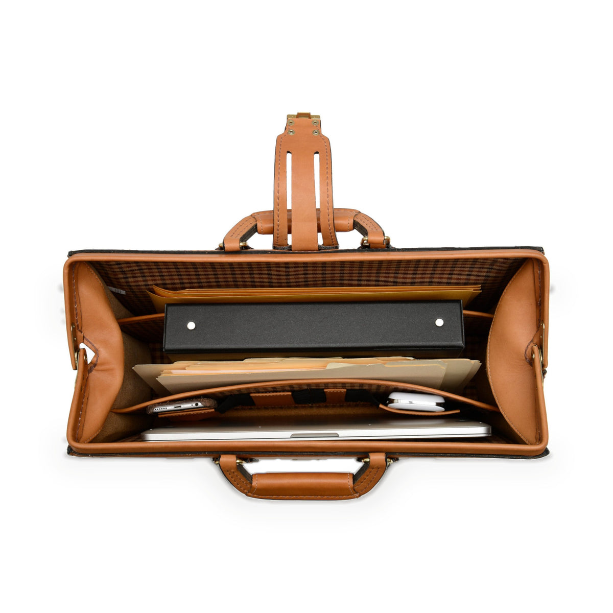 Churchill Classic Briefcase in tan full-grain leather — interior view