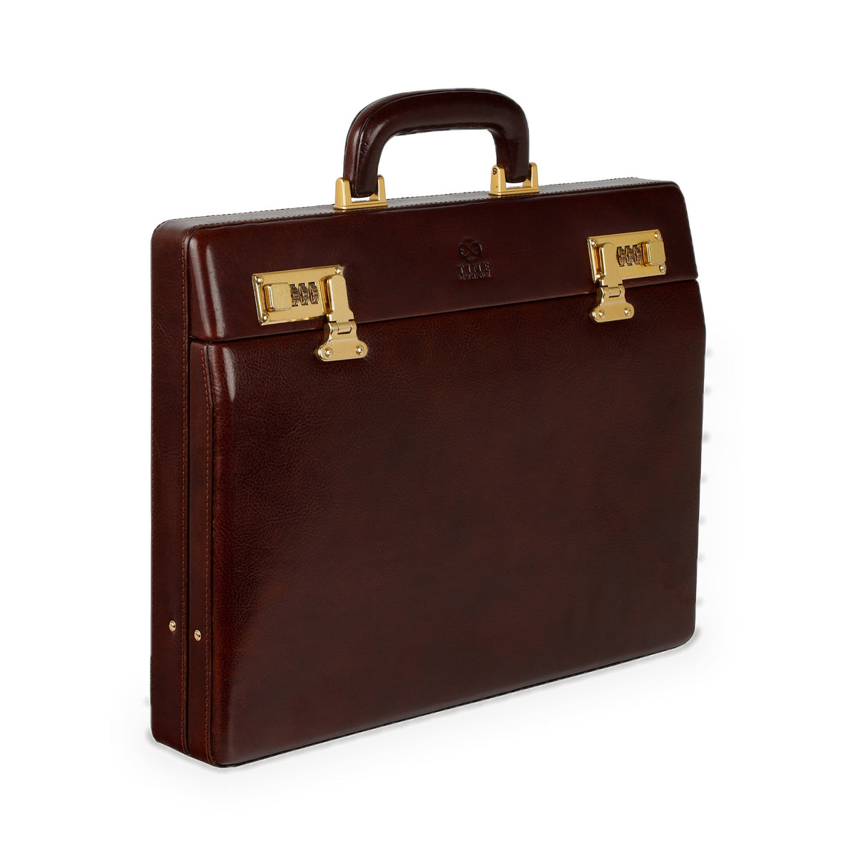Vendetta brown leather attaché case by Time Resistance in full-grain vegetable-tanned Italian Vachetta, three-quarter view with handle and combination locks