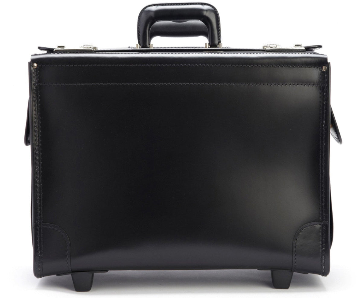 Litigator Wheeled Catalog Case in black top-grain leather — front view