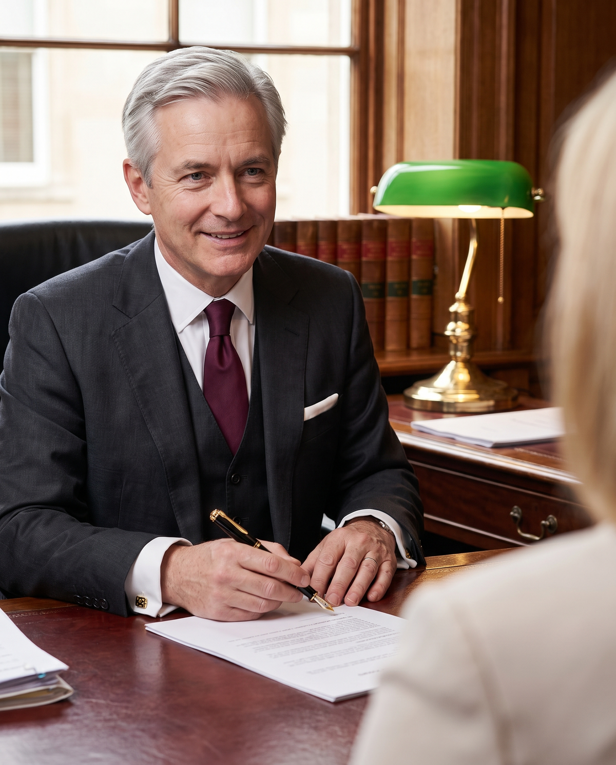 Pelikan Souverän M1000 Fountain Pen — a senior partner in a charcoal three-piece suit signs a closing document with the M1000 at his mahogany desk, smiling at his client